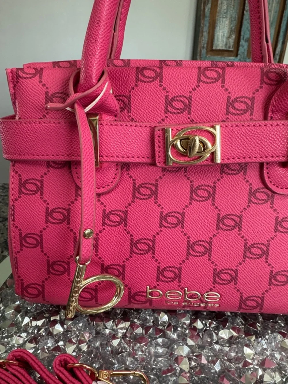 bebe Hot Pink Logo small Satchel with Gold-Tone Hardware and crossbody strap - Picture 2 of 16